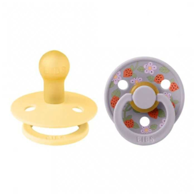 BIBS - X liberty colour natural rubber 2 sucettes ronde crème et fraise 6mois+